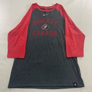 Team Canada Hockey Raglan 3/4 Sleeve T-Shirt Womens L Unisex Gray Red Tri blend